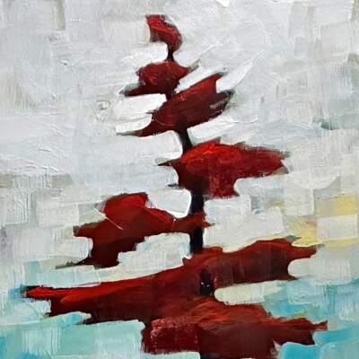 Integrity, original mixed media pixelated tree painting by Canadian artist Connie Geerts at Effusion Art Gallery in Invermere, BC.