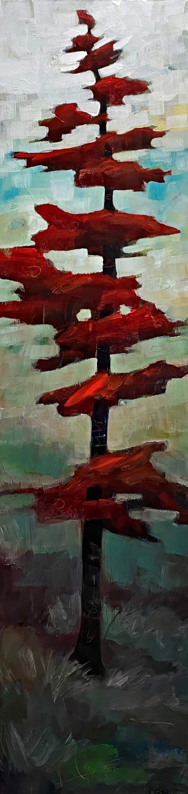 Integrity, original mixed media pixelated tree painting by Canadian artist Connie Geerts at Effusion Art Gallery in Invermere, BC.