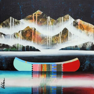 Avec douceur, original mixed media canoe and mountain painting by Canadian artist Sylvain Leblanc at Effusion Art Gallery in Invermere, BC.