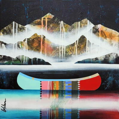 Avec douceur, original mixed media canoe and mountain painting by Canadian artist Sylvain Leblanc at Effusion Art Gallery in Invermere, BC.