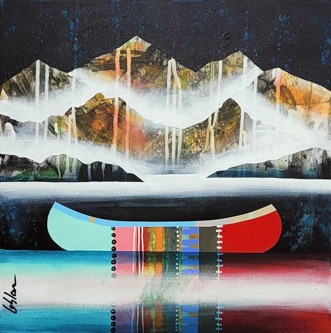 Avec douceur, original mixed media canoe and mountain painting by Canadian artist Sylvain Leblanc at Effusion Art Gallery in Invermere, BC.