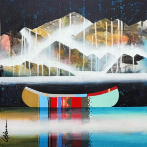 Bonne nuit, mini original mixed media canoe and mountain painting by Canadian artist Sylvain Leblanc at Effusion Art Gallery in Invermere, BC.