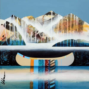 Calme, mini original mixed media canoe and mountain painting by Canadian artist Sylvain Leblanc at Effusion Art Gallery in Invermere, BC.
