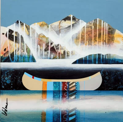 Calme, mini original mixed media canoe and mountain painting by Canadian artist Sylvain Leblanc at Effusion Art Gallery in Invermere, BC.