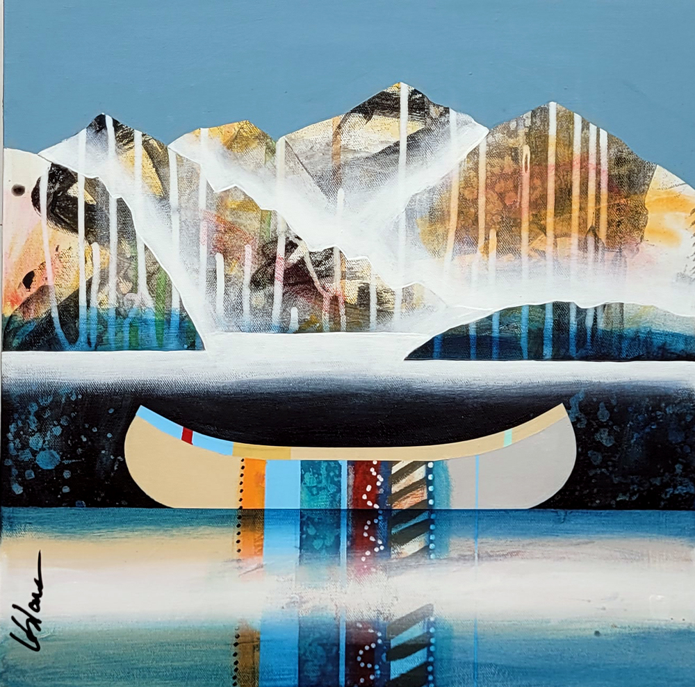 Calme, mini original mixed media canoe and mountain painting by Canadian artist Sylvain Leblanc at Effusion Art Gallery in Invermere, BC.