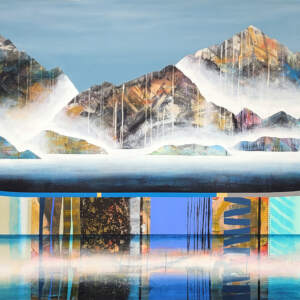 Journée de rêve, original mixed media canoe and mountain painting by Canadian artist Sylvain Leblanc at Effusion Art Gallery in Invermere, BC.