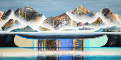 Journée de rêve, original mixed media canoe and mountain painting by Canadian artist Sylvain Leblanc at Effusion Art Gallery in Invermere, BC.
