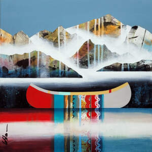 Sky, mini original mixed media canoe and mountain painting by Canadian artist Sylvain Leblanc at Effusion Art Gallery in Invermere, BC.