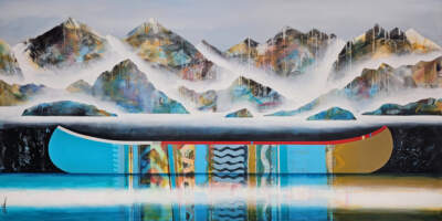 Splendeur, original mixed media canoe and mountain painting by Canadian artist Sylvain Leblanc at Effusion Art Gallery in Invermere, BC.