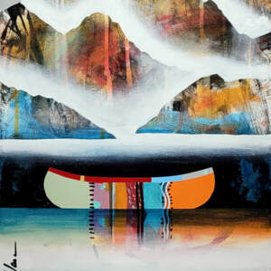 Tout doux, mini original mixed media canoe and mountain painting by Canadian artist Sylvain Leblanc at Effusion Art Gallery in Invermere, BC.