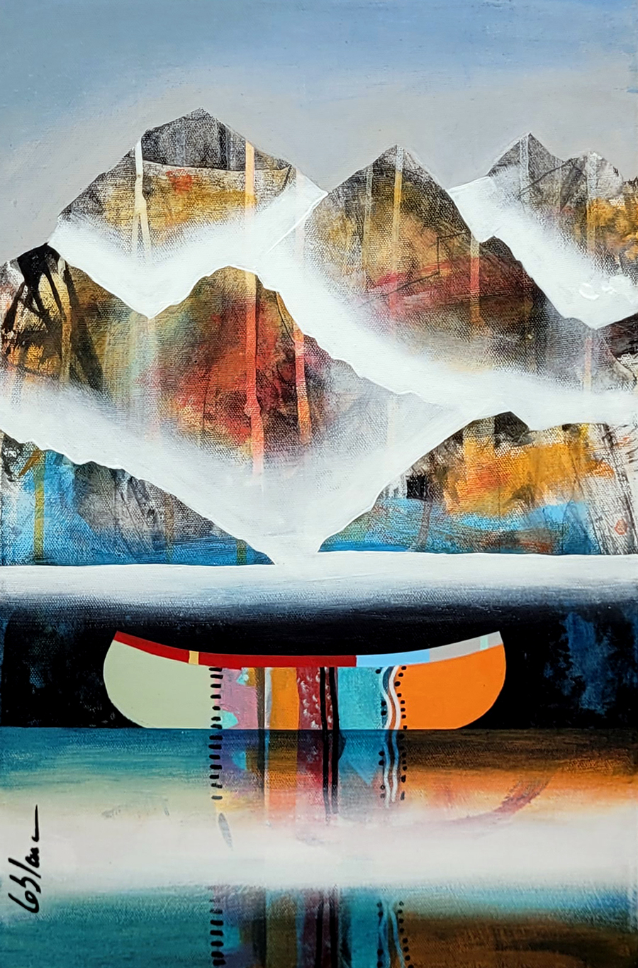 Tout doux, mini original mixed media canoe and mountain painting by Canadian artist Sylvain Leblanc at Effusion Art Gallery in Invermere, BC.