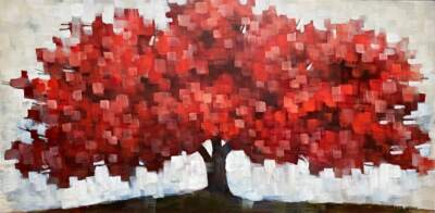 Particles of Crimson, original acrylic red pixelated autumn tree painting by Canadian artist Connie Geerts at Effusion Art Gallery in Invermere, BC.