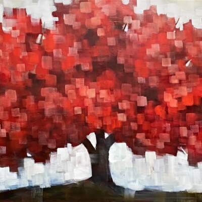 Particles of Crimson, original acrylic red pixelated autumn tree painting by Canadian artist Connie Geerts at Effusion Art Gallery in Invermere, BC.