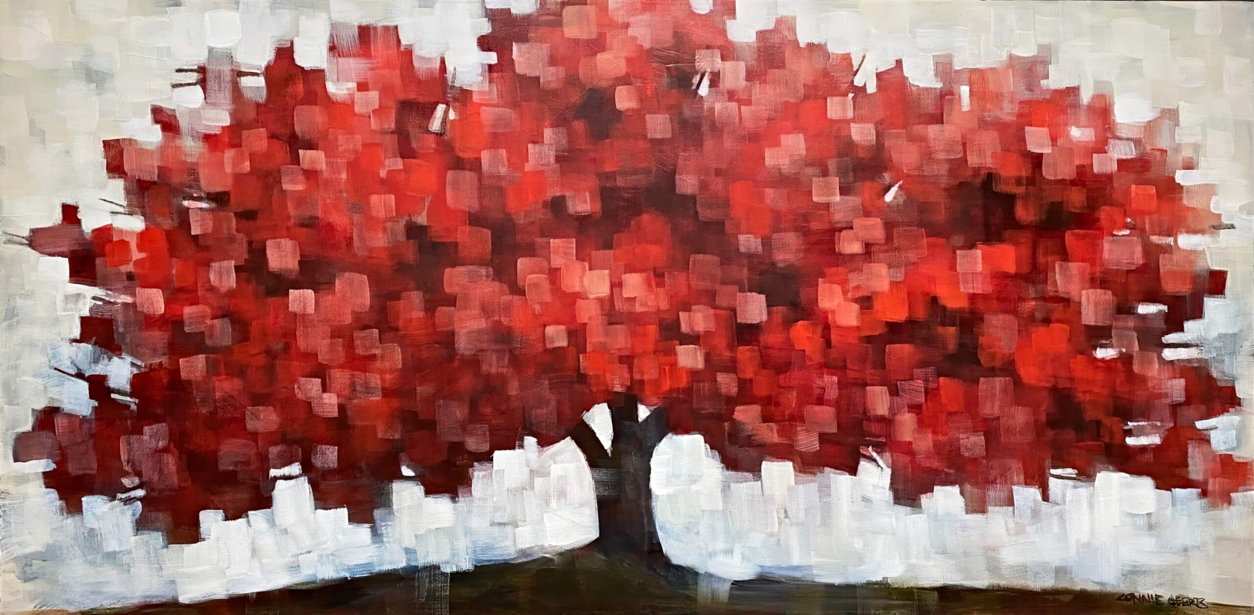 Particles of Crimson, original acrylic red pixelated autumn tree painting by Canadian artist Connie Geerts at Effusion Art Gallery in Invermere, BC.