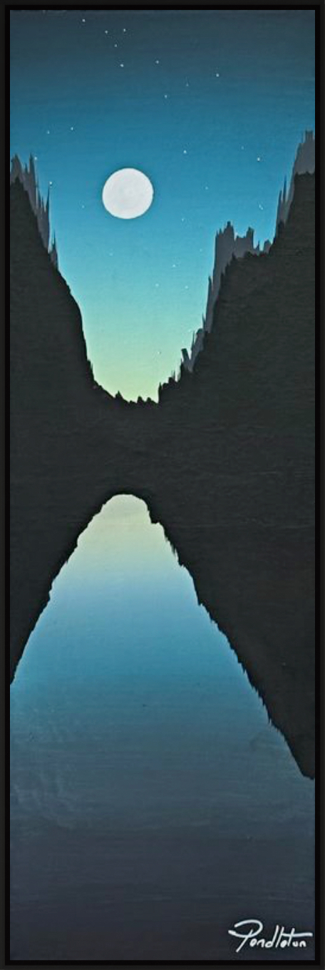 Along the Cove, original framed mixed media coastal landscape painting at dusk by Canadian artist Cody Pendleton at Effusion Art Gallery in Invermere, BC.