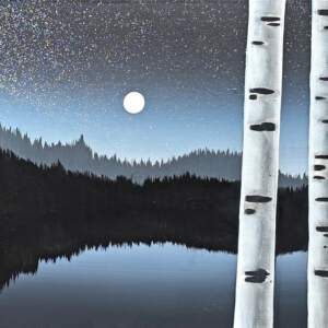 Closing Bell, original mixed media landscape painting of the lake at night under a full moon by Canadian artist Cody Pendleton at Effusion Art Gallery in Invermere, BC.