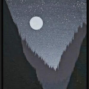 Iron Blues, original framed mixed media night lake landscape painting with a full moon by Canadian artist Cody Pendleton at Effusion Art Gallery in Invermere, BC.