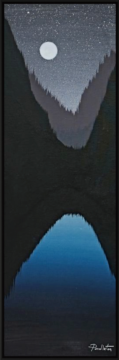 Iron Blues, original framed mixed media night lake landscape painting with a full moon by Canadian artist Cody Pendleton at Effusion Art Gallery in Invermere, BC.