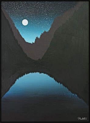 North Country, original framed mixed media night lake landscape painting with a full moon by Canadian artist Cody Pendleton at Effusion Art Gallery in Invermere, BC.