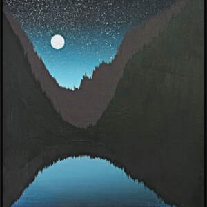 North Country, original framed mixed media night lake landscape painting with a full moon by Canadian artist Cody Pendleton at Effusion Art Gallery in Invermere, BC.