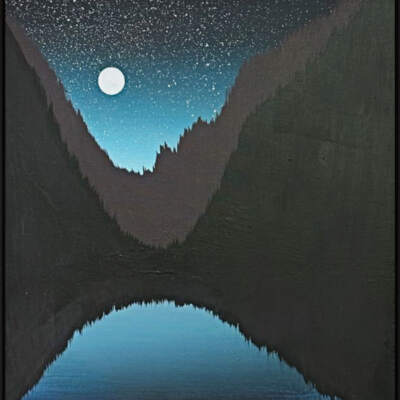 North Country, original framed mixed media night lake landscape painting with a full moon by Canadian artist Cody Pendleton at Effusion Art Gallery in Invermere, BC.