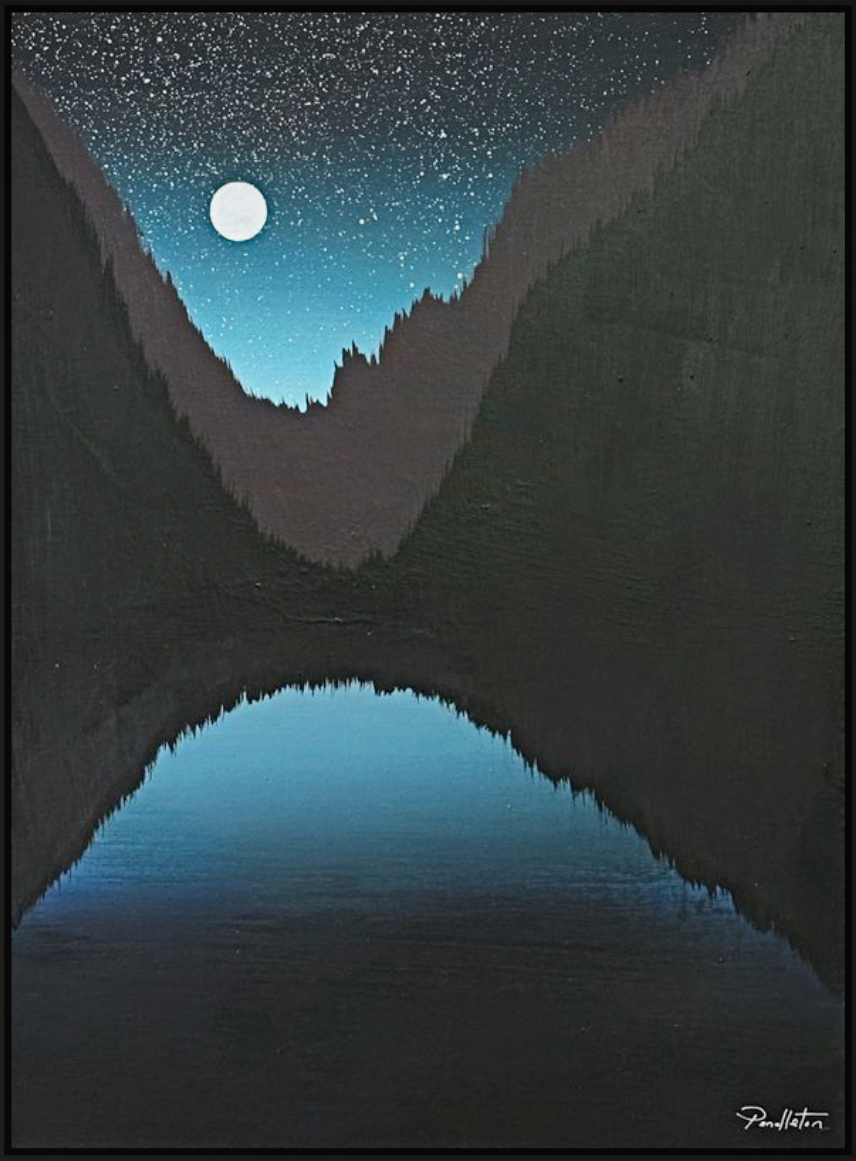 North Country, original framed mixed media night lake landscape painting with a full moon by Canadian artist Cody Pendleton at Effusion Art Gallery in Invermere, BC.