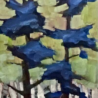 Sentinels in the Wildwood, original mixed media pixelated blue tree painting by Canadian artist Connie Geerts at Effusion Art Gallery in Invermere, BC.