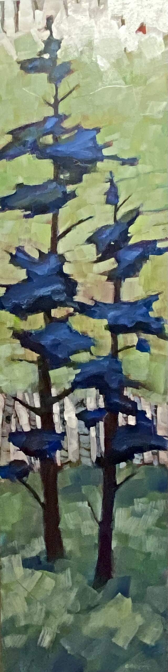 Sentinels in the Wildwood, original mixed media pixelated blue tree painting by Canadian artist Connie Geerts at Effusion Art Gallery in Invermere, BC.