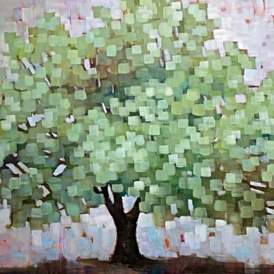 Shimmer, original mixed media green pixelated tree painting by Canadian artist Connie Geerts at Effusion Art Gallery in Invermere, BC.