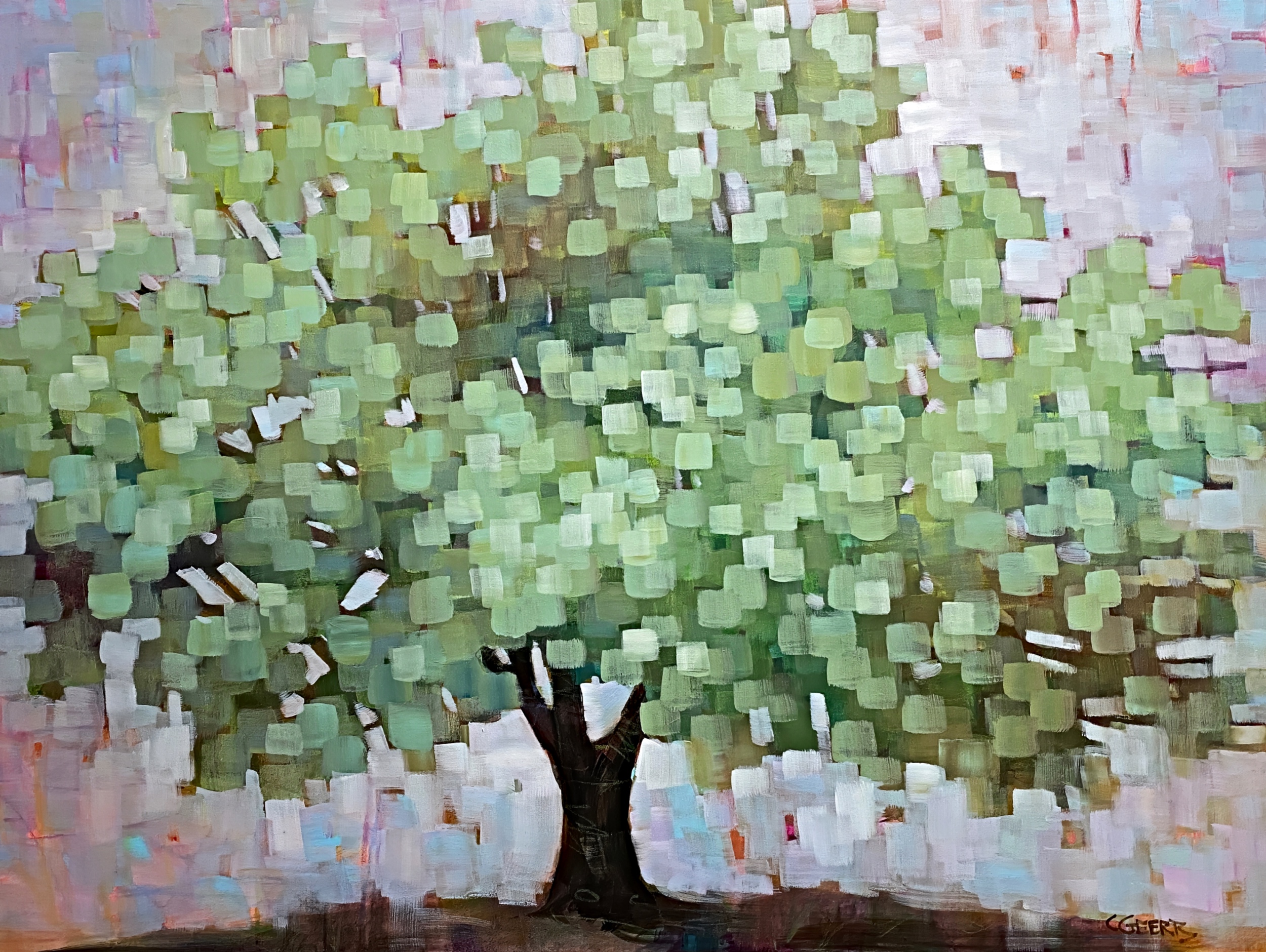 Shimmer, original mixed media green pixelated tree painting by Canadian artist Connie Geerts at Effusion Art Gallery in Invermere, BC.