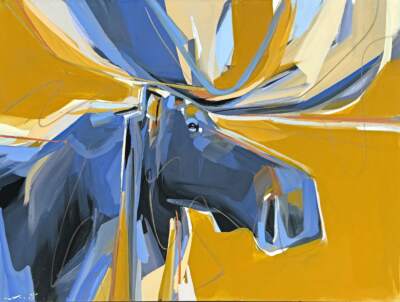 Cascade, original acrylic moose painting by Canadian artist Laura Stevens at Effusion Art Gallery in Invermere, BC.