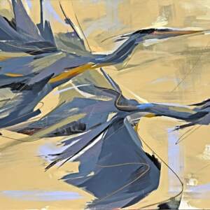 Clique, original acrylic painting of flying herons by Canadian artist Laura Stevens at Effusion Art Gallery in Invermere, BC.