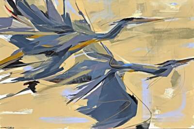 Clique, original acrylic painting of flying herons by Canadian artist Laura Stevens at Effusion Art Gallery in Invermere, BC.
