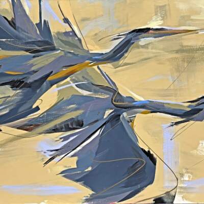 Clique, original acrylic painting of flying herons by Canadian artist Laura Stevens at Effusion Art Gallery in Invermere, BC.