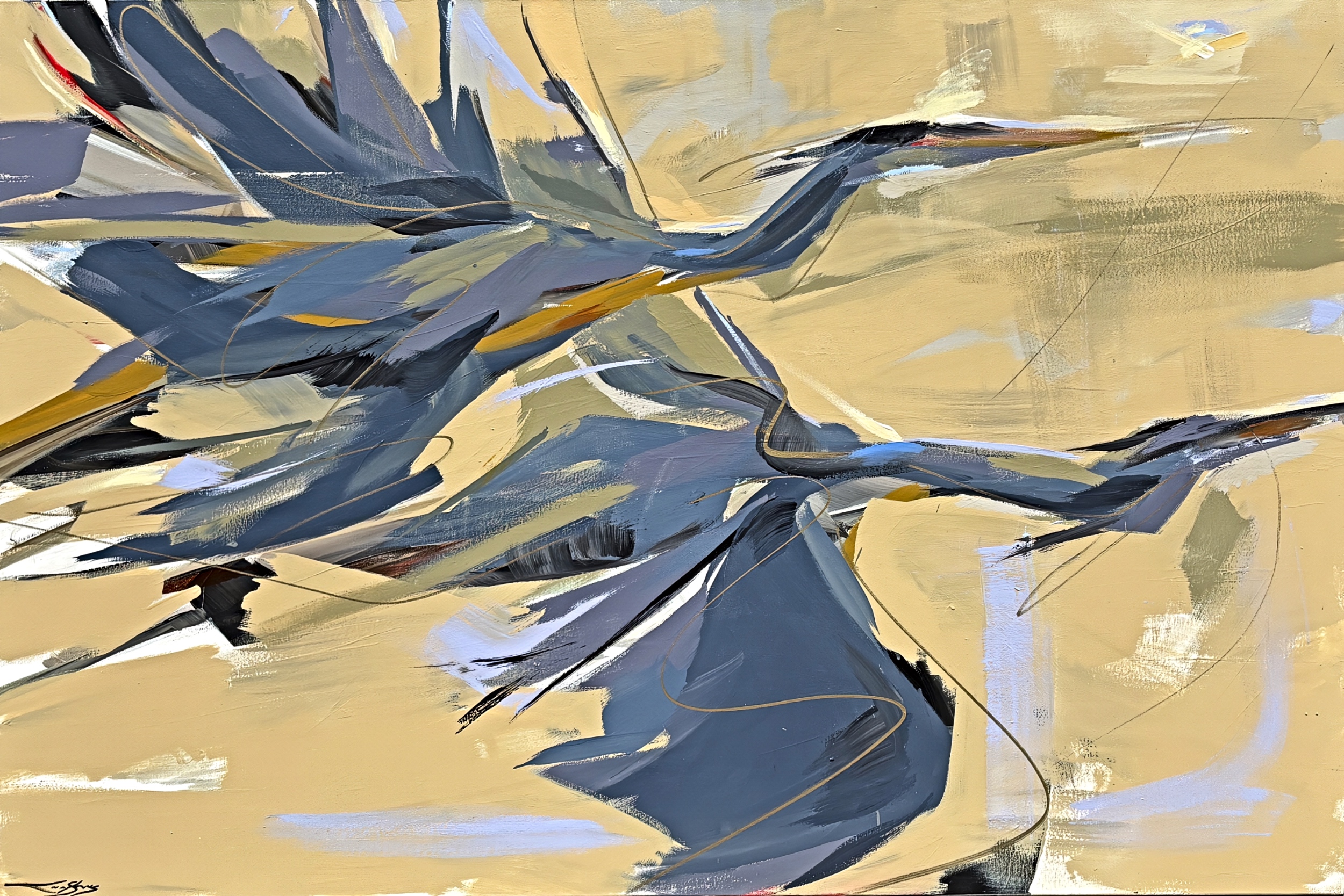 Clique, original acrylic painting of flying herons by Canadian artist Laura Stevens at Effusion Art Gallery in Invermere, BC.