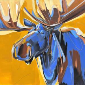 Easy Street, original acrylic moose painting by Canadian artist Laura Stevens at Effusion Art Gallery in Invermere, BC.