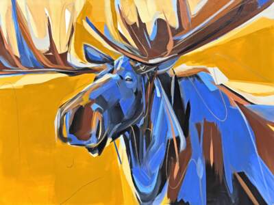 Easy Street, original acrylic moose painting by Canadian artist Laura Stevens at Effusion Art Gallery in Invermere, BC.