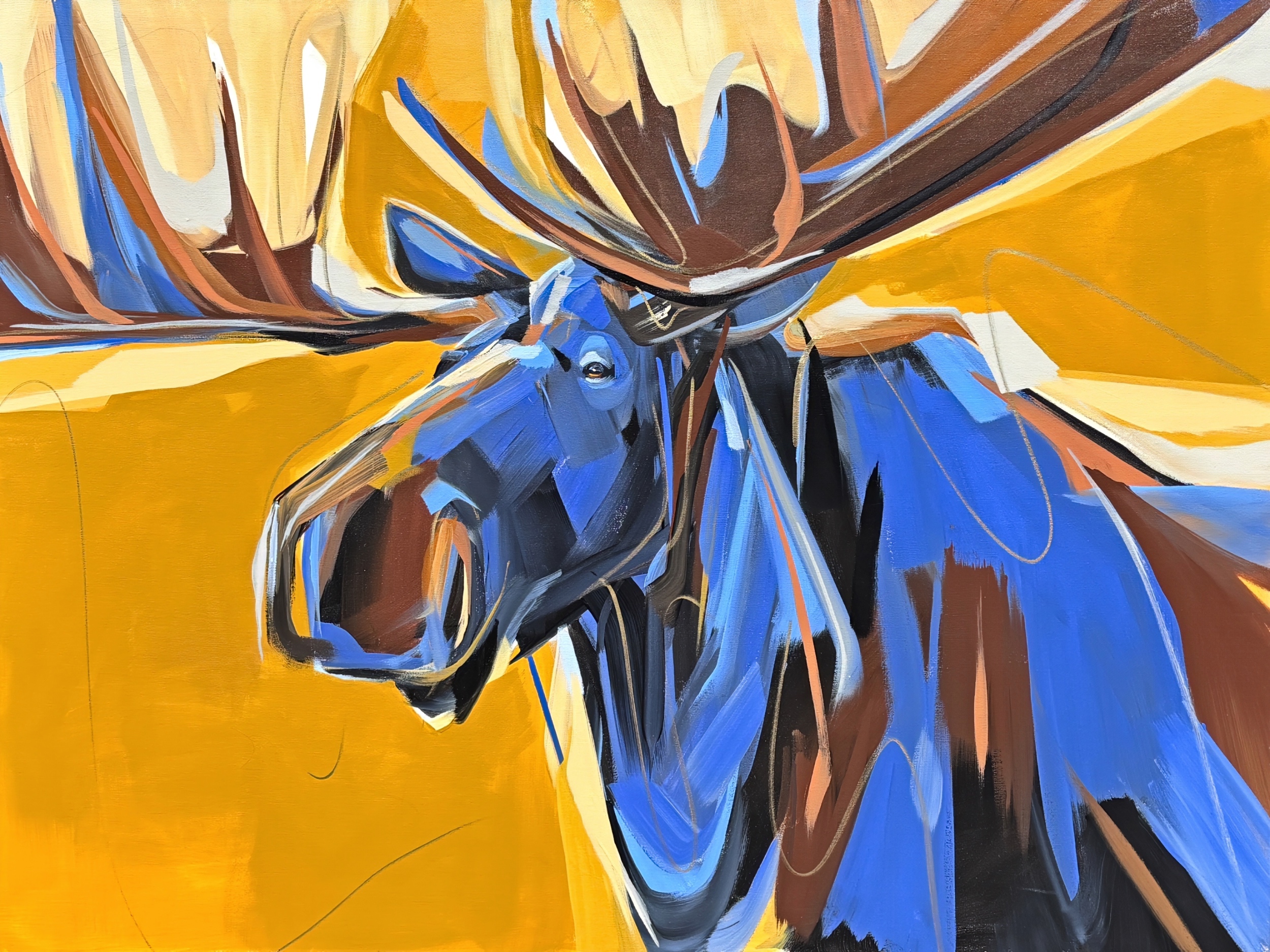 Easy Street, original acrylic moose painting by Canadian artist Laura Stevens at Effusion Art Gallery in Invermere, BC.