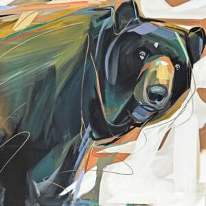 Inquiring Minds, original acrylic bear painting by Canadian artist Laura Stevens at Effusion Art Gallery in Invermere, BC.