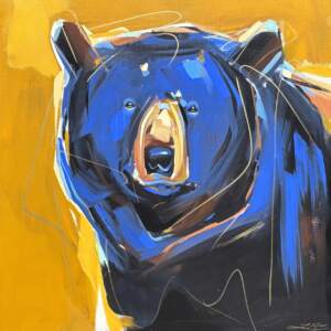 Tape Lines, original acrylic bear painting by Canadian artist Laura Stevens at Effusion Art Gallery in Invermere, BC.