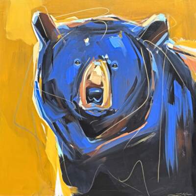 Tape Lines, original acrylic bear painting by Canadian artist Laura Stevens at Effusion Art Gallery in Invermere, BC.