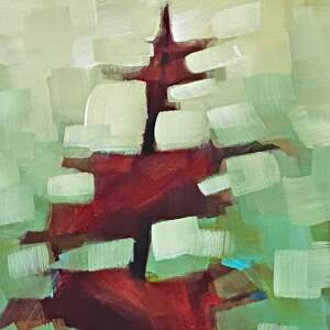 Together in a Cool Forest, original mixed media red pixelated tree painting by Canadian artist Connie Geerts at Effusion Art Gallery in Invermere, BC.