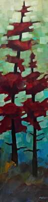 Together in a Cool Forest, original mixed media pixelated tree painting by Canadian artist Connie Geerts at Effusion Art Gallery in Invermere, BC.
