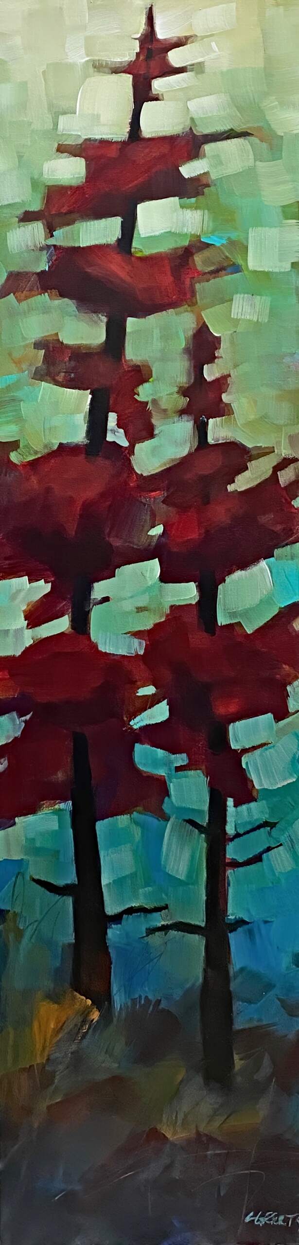 Together in a Cool Forest, original mixed media pixelated tree painting by Canadian artist Connie Geerts at Effusion Art Gallery in Invermere, BC.