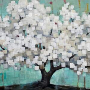 Wishing Tree, original mixed media white pixelated tree painting by Canadian artist Connie Geerts at Effusion Art Gallery in Invermere, BC.