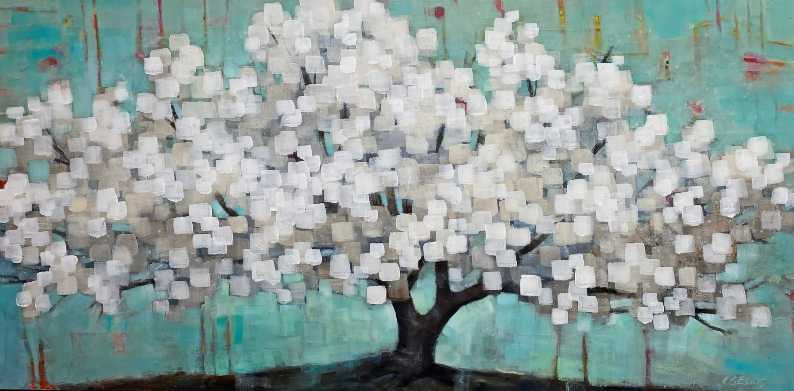 Wishing Tree, original mixed media white pixelated tree painting by Canadian artist Connie Geerts at Effusion Art Gallery in Invermere, BC.