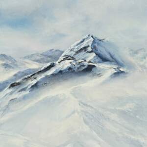 Dreaming of a Mountain, original acrylic landscape painting of snowy mountain peaks by Canadian artist Jane Bronsch at Effusion Art Gallery in Invermere, BC.