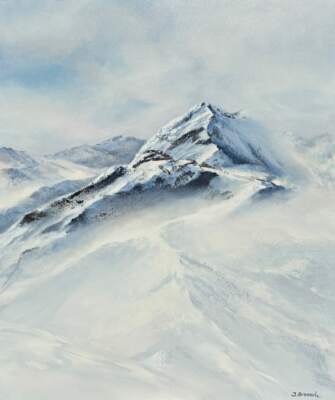 Dreaming of a Mountain, original acrylic landscape painting of snowy mountain peaks by Canadian artist Jane Bronsch at Effusion Art Gallery in Invermere, BC.