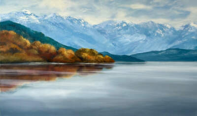 The Quiet Divide, original acrylic landscape painting of Lake Windermere by Canadian artist Jane Bronsch at Effusion Art Gallery in Invermere, BC.