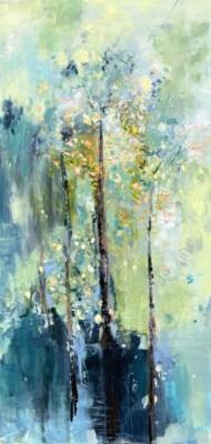 Another Time, Another Place, original oil peach and yellow tree painting by Canadian artist Denna Erickson at Effusion Art Gallery in Invermere, BC.